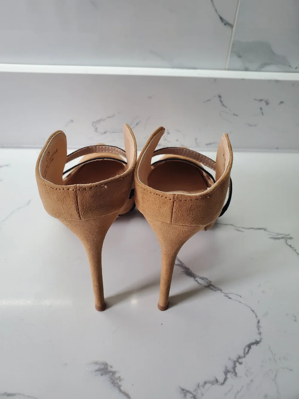 Lulus Suede Pointed Toe High Heels with Black Strap - Tan US7